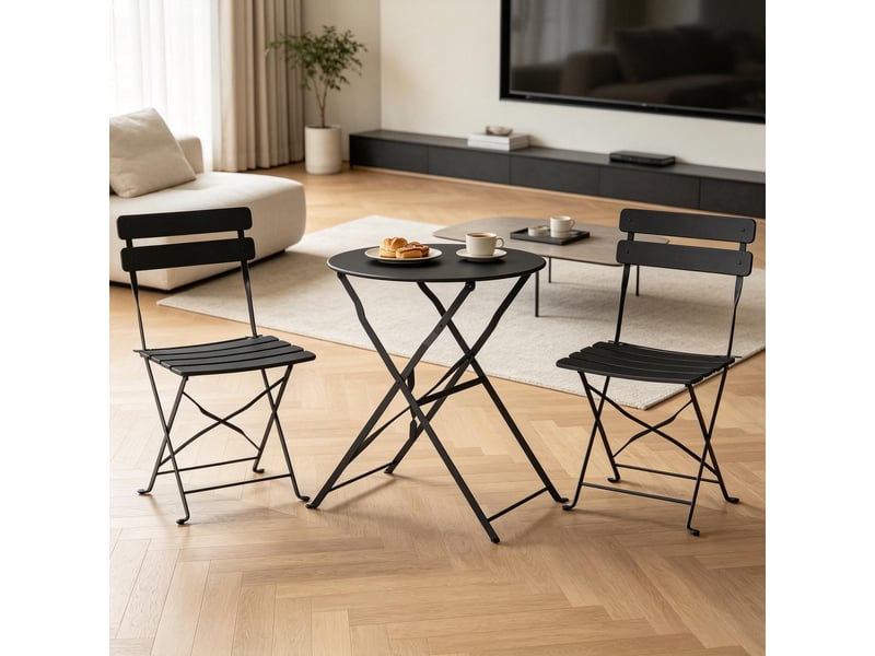  Ensemble table et chaise de jardin avec 1 table et 2 chaises pliantes pour balcon et terrasse, métal noir  - Conforama C