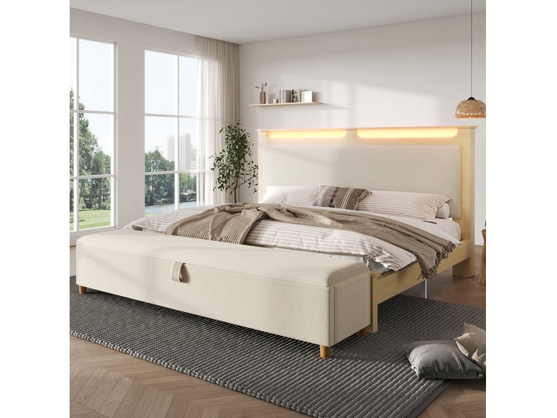  Lit double 160x200 cm avec banc de lit, rangement, led, tête de lit en cordon, bois beige avec matelas  - Conforama B
