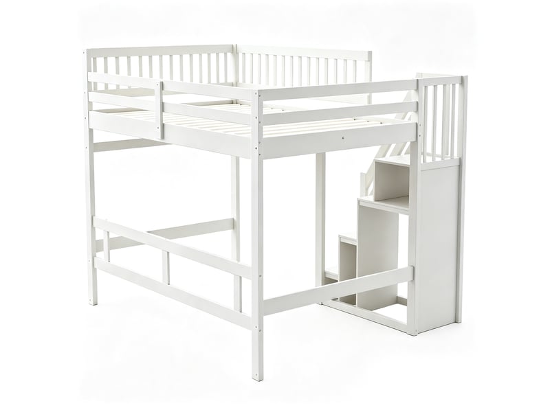 Lit mezzanine enfant 140x200 cm – blanc – escalier de rangement et garde-corps haut - sans matelas - Conforama E