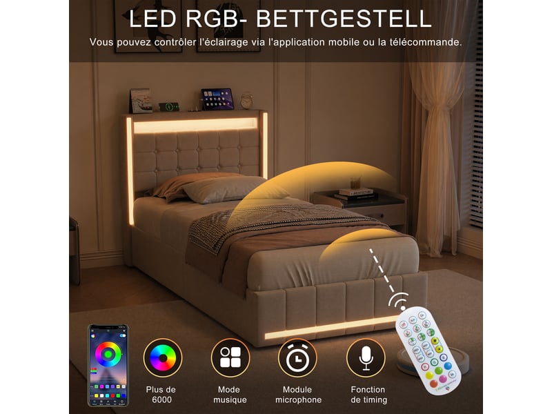  Lit 90x200 cm avec led,usb et 2 tiroirs, lit simple en lin beige, sommier à lattes inclus, lit enfant adolescent moderne  - Conforama E