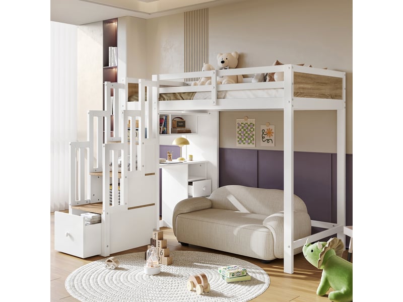  Lit mezzanine enfant 1 place 90×200 cm, bureau, tiroirs et étagères - okmyhome- en bois blanc naturel, sans matelas  - Conforama C