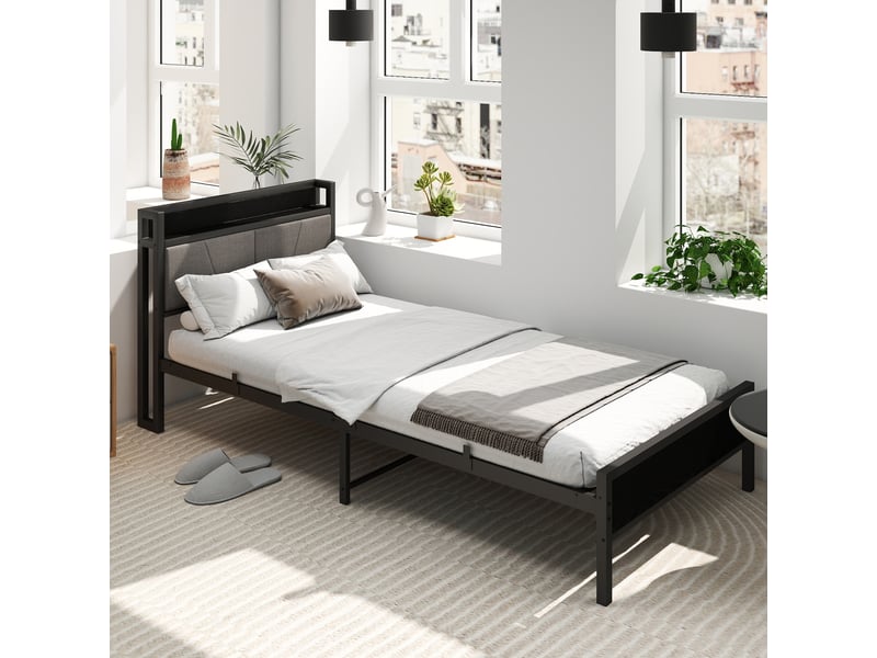  Lit simple 90 × 200 cm avec rangement sous le lit et tête de lit, sans matelas, en métal, noir  - Conforama B