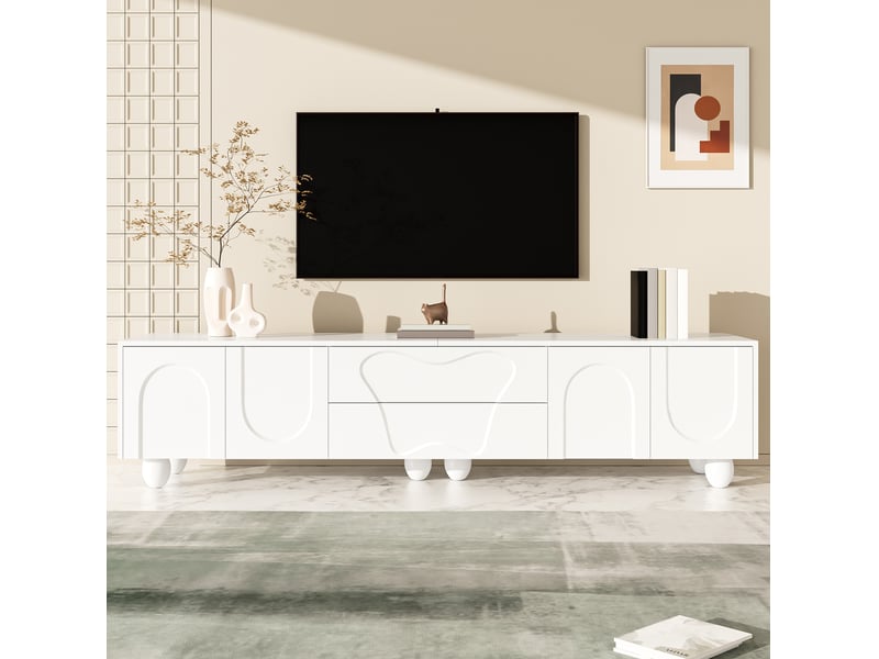  Meuble tv blanc mat 180 x 40 x 42 cm, 2 tiroirs, rangements et pieds en bois  - Conforama D