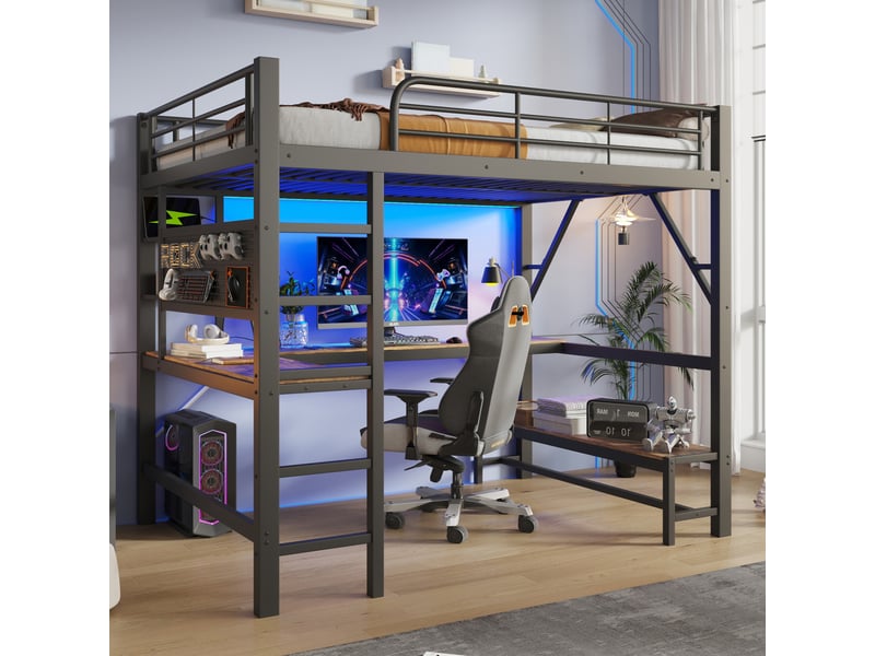 Lit mezzanine 160x200 cm bureau rangements, led usb type-c, garde-corps métal mdf noir sans matelas - Conforama B