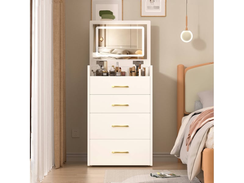  Coiffeuse d'angle 3 en 1 avec miroir ouvert 60x40x118 cm, meuble de chambre, 3 tiroirs, plateau en verre, mdf, blanc  - Conforama B