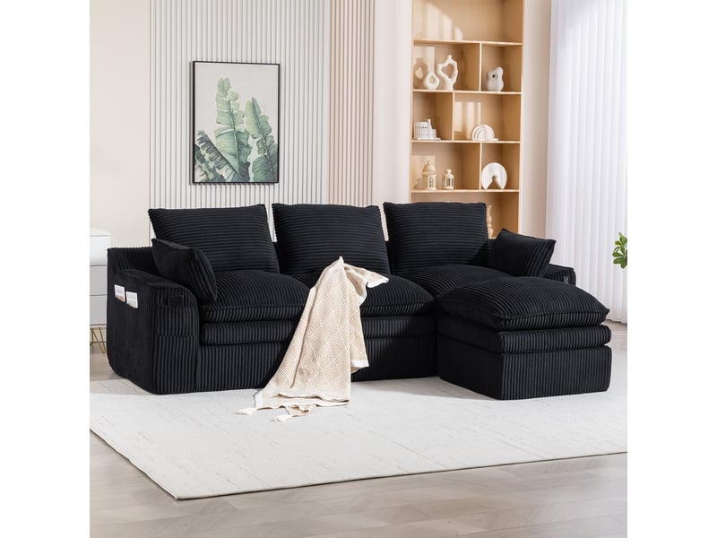  Canapé modulaire 3 places avec pouf angle réversible 263 x 167 x 85 cm velours côtelé noir  - Conforama E