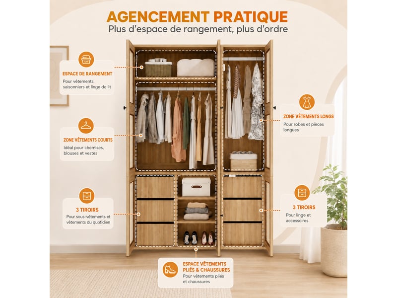  Armoire de chambre 135 x 47 x 200 cm, façade effet rotin, 6 tiroirs et 3 portes battante, 2 penderies, 4 étagères, chêne  - Conforama D