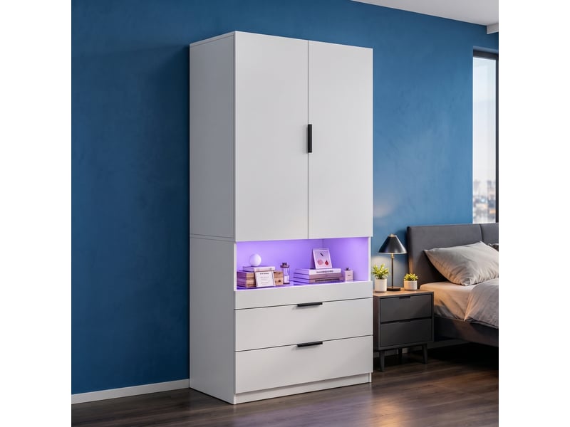  Armoire à portes battantes avec éclairage led 90x50x200 cm tiroir à bijoux en verre 3 tiroirs blanc  - Conforama E