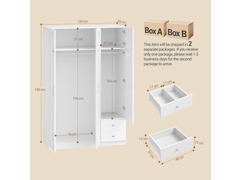  Armoire avec 6 portes 2 tiroirs, armoire avec tringle et étagère de rangement, penderie blanc  - Conforama C