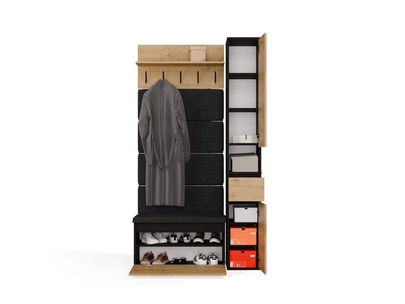  Lior - Meuble d'entrée - armoire avec siège et penderie - 110x202,5x35 cm – Chêne artisan / Noir  - Conforama D