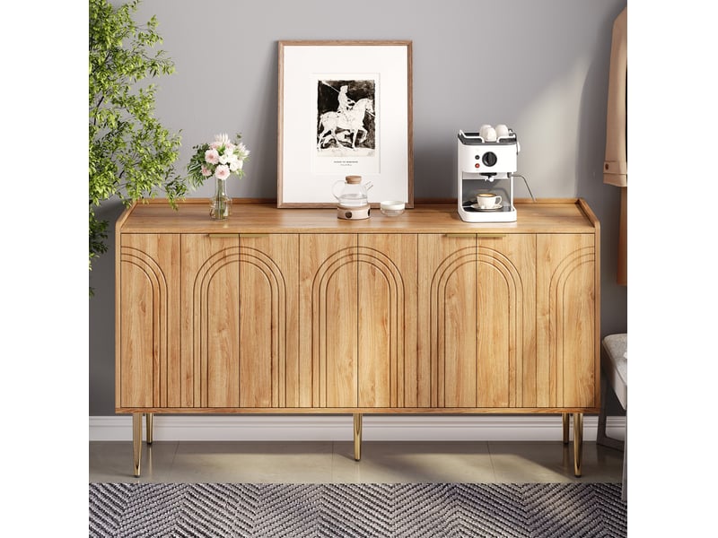 Buffet bas 4 portes en mdf naturel, 140 x 38 x 75 cm, avec étagères réglables et pieds en fer doré - Conforama C
