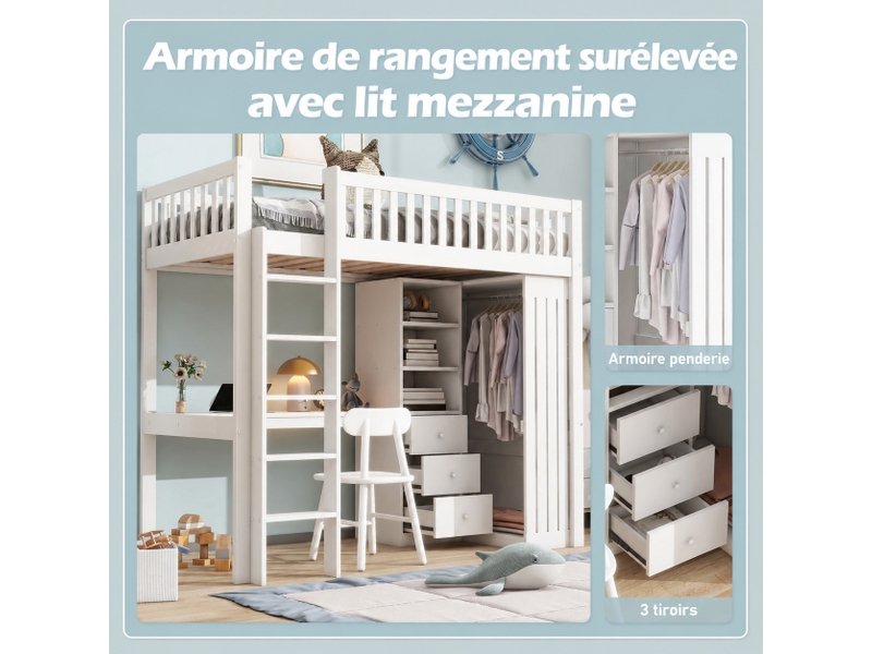 Lit mezzanine 90 x 200 cm avec bureau, armoire et 3 tiroirs, en pin et mdf blanc pour chambre enfant - Conforama D