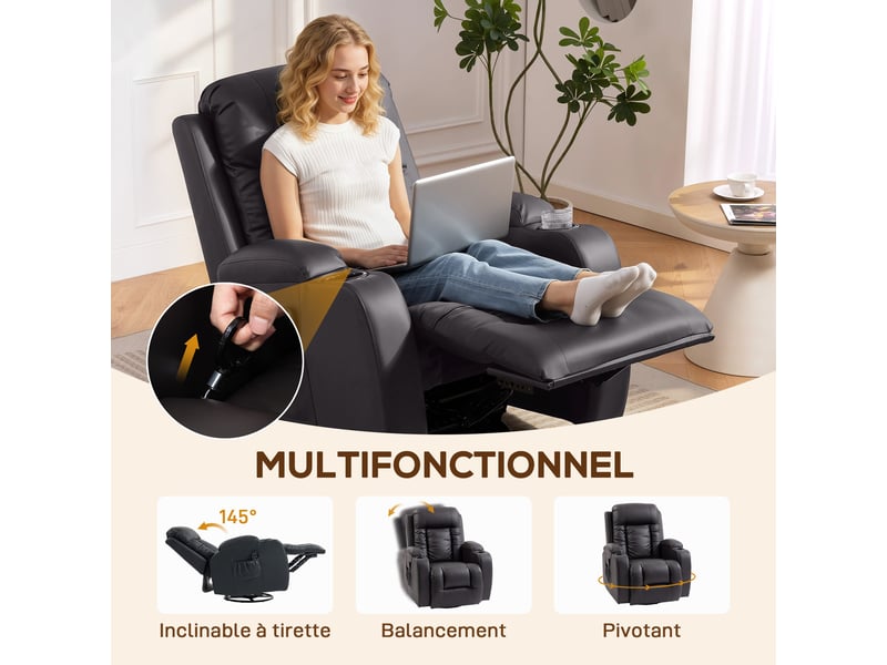 Fauteuil de relaxation inclinable et massant en pu marron 82x99x103 cm  - Conforama E
