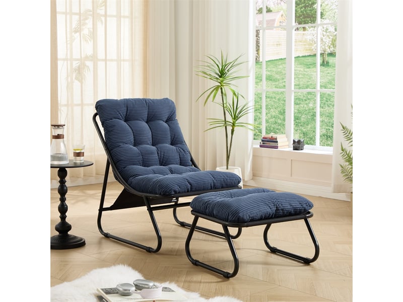  Fauteuil de jardin avec repose-pied - 65x78x86cm - chaise lounge relax avec coussin moelleux - acier &amp; velours côtelé-bleu marine  - Conforama C