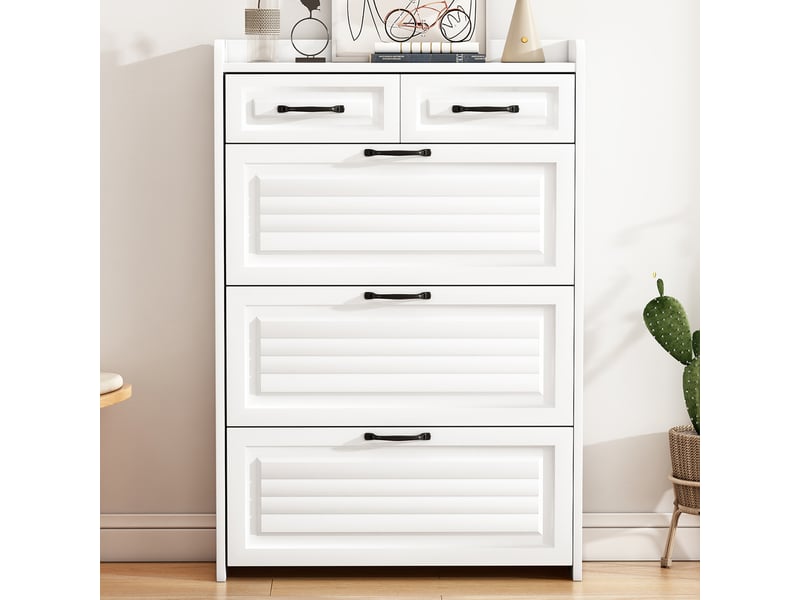  Meuble à chaussures avec 3 compartiments basculants et 2 tiroirs pour entrée 80×23,5×131 cm blanc  - Conforama B