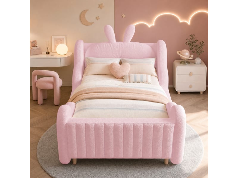  Lit enfant 90x200 cm rembourré avec coussin lapin et côtés nuage, rose  - Conforama D