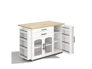 Desserte de cuisine extensible 120 x 4570 cm – blanc et naturel – 5 roues verrouillables, rangement modulable