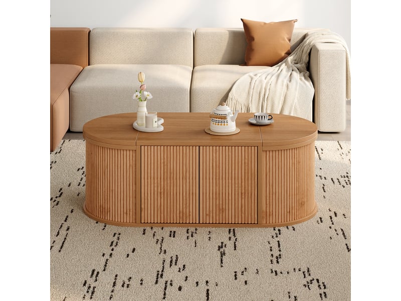  Table basse ovale 100 x 50 x 35 cm, coffres latéraux à couvercles, 2 portes battantes à pression, mdf et panneaux de particules, décor bois clair Luxe haut de gamme - Conforama D