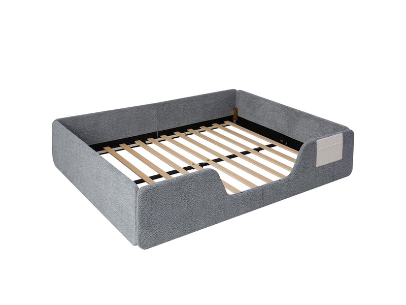  Lit enfant rembourré 140x190 cm, barrières amovibles, poche intégrée, avec sommier à lattes, tissu velours, gris, sans matelas  - Conforama E
