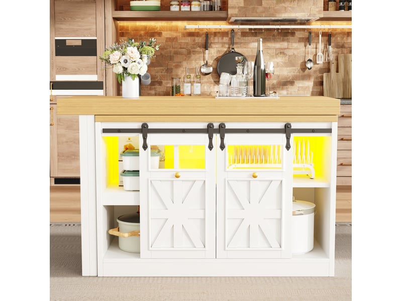 Îlot de cuisine blanc extensible 120-197 cm avec table pivotante et led rgb - Conforama D