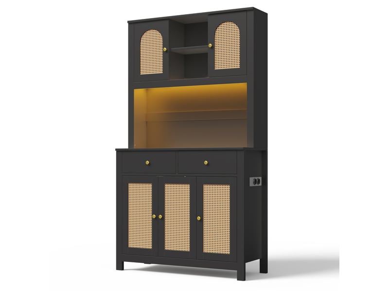  Buffet haut de cuisine 100 x 40 x 180 cm – noir – éclairage led rgb, 5 portes en rotin, 2 tiroirs et prises  - Conforama D