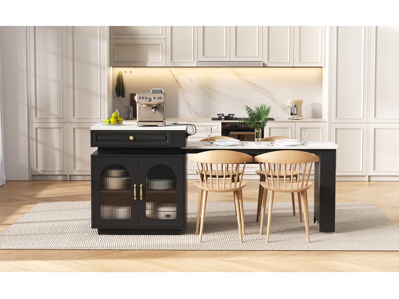 Îlot de cuisine extensible 2 à 4 places, led et prises - lpospi - rangements, 128 × 71 × 92 cm, mdf et verre noir  - Conforama B