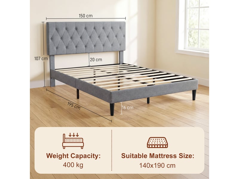  Cadre de lit 140 x 190 cm avec sommier, lit double rembourré en lin, support à 10 lattes, tête capitonnée, gris  - Conforama C