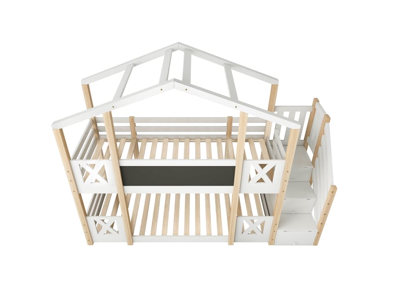Lit superposé enfant 90x200 cm avec escalier de rangement, blanc et naturel, sans matelas - Conforama D
