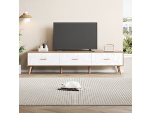 Meuble tv bas blanc et bois, style vintage avec trois tiroirs, meuble tv 150 cm pour grand écran, salon ou chambre