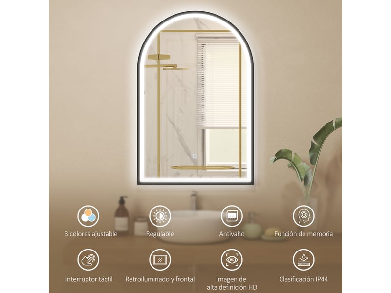  Miroir de salle de bain avec éclairage intégré 60 x 90 cm, miroir mural arqué, 3 couleurs d'éclairage, luminosité réglable, fonction antibuée, noir  - Conforama E