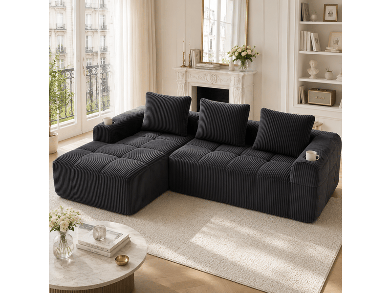  Canapé modulable, canapé de salon – en velours côtelé, porte-gobelets, poches latérales, coussins inclus, gris foncé  - Conforama A