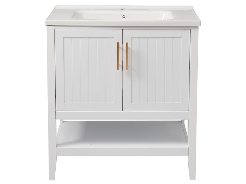 Meuble sous vasque avec lavabo en céramique et poignées, rangement ouvert sur pieds, salle de bain, mdf blanc - Conforama A