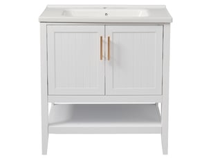 Meuble sous vasque avec lavabo en céramique et poignées, rangement ouvert sur pieds, salle de bain, mdf blanc