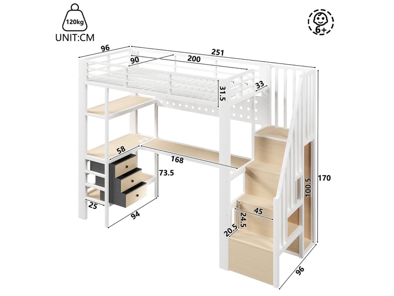 Lit mezzanine 90 × 200 cm 1 place avec 3 tiroirs, étagères, bureau, prise et led réglable, sans matelas, blanc - Conforama D
