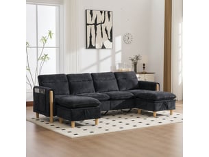 Canapé panoramique modulable 4 places 261x77x86 cm, canapé d’angle u ou l, 2 poufs coffre mobiles, poches latérales, pieds en bois, chenille noire