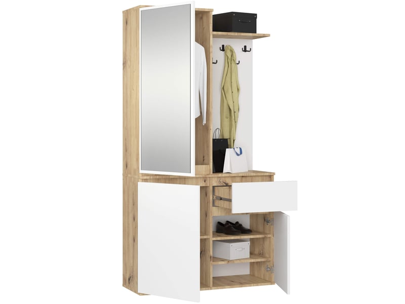  Ensemble de meubles d'entrée entro chêne artisan, blanc avec armoire et miroir 95 cm 3 portes 1 tiroir 7 étagères 95x35x183 cm Ensemble d'entrée ENTRO - Conforama B