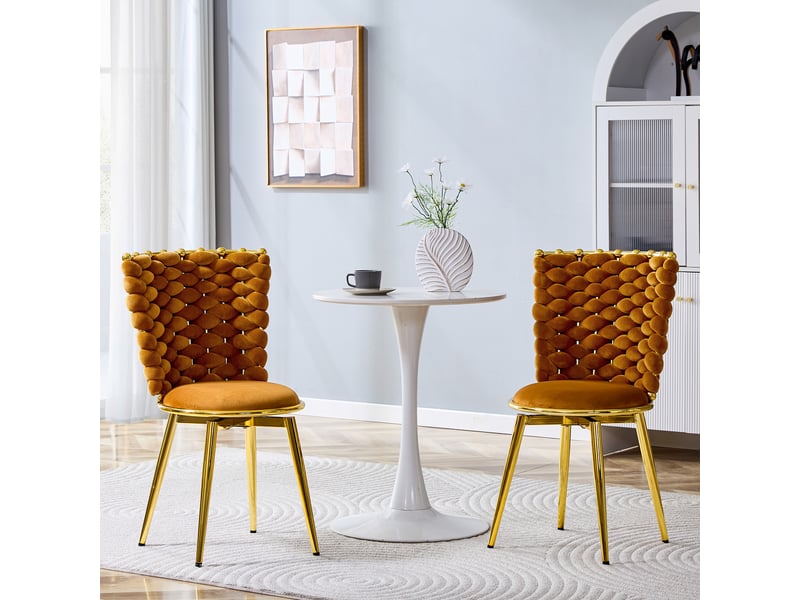  Lot de 2 chaises de salle à manger,avec dossier tressé,velours et métal doré,orange  - Conforama B