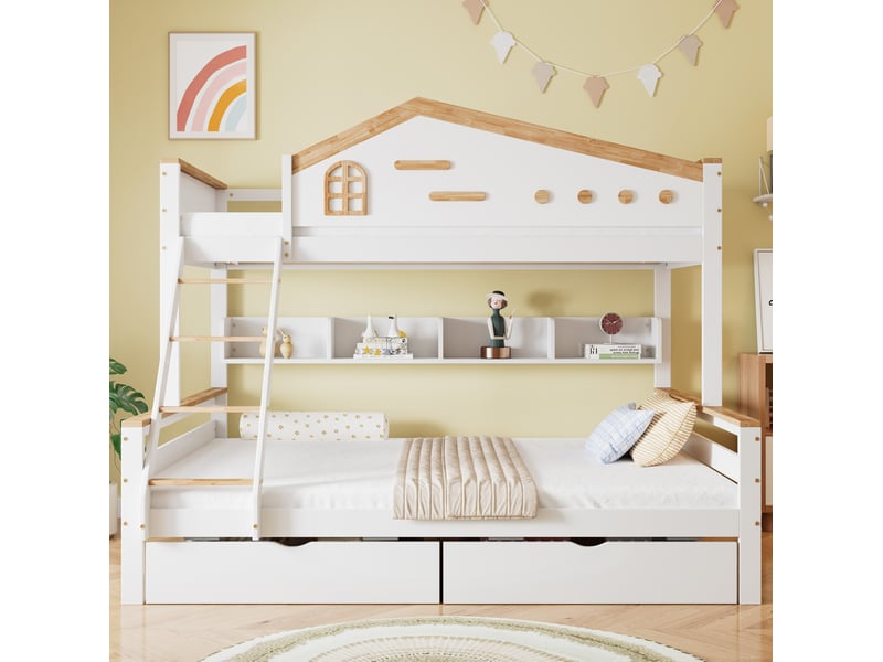  Lit superposé enfant 90x200 et 140x200 cm avec rangements, blanc et naturel  - Conforama C