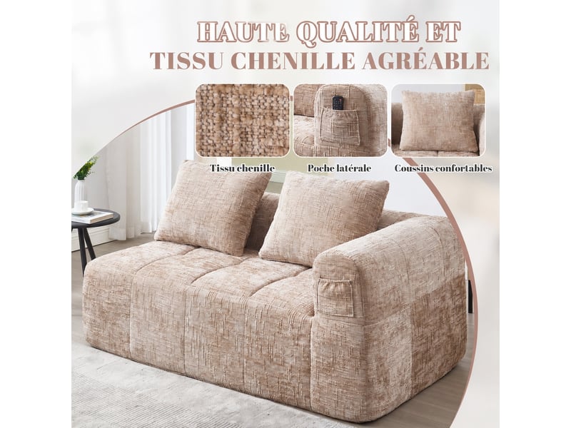 Canapé deux places en chenille avec méridienne et poches latérales, 158 x 90 x 60, kaki - Conforama D