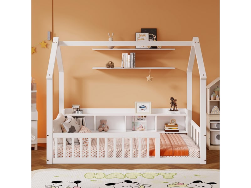  Lit cabane au sol 90x200 cm - lit enfant en bois de pin avec étagères de rangement et barrières de sécurité - blanc  - Conforama C