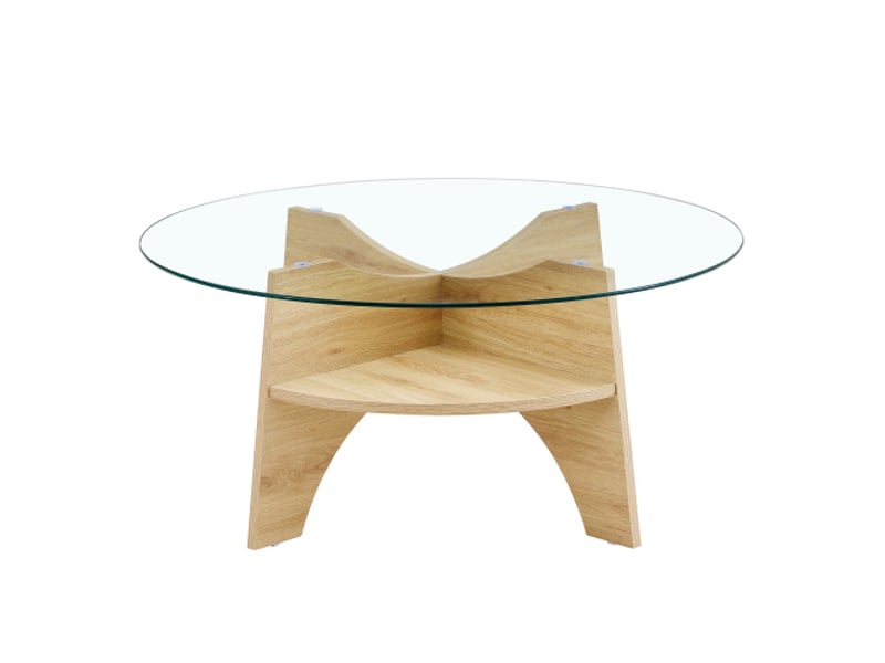  Table basse ronde en verre ø80 cm - plateau transparent, design multifonction, piètement éventail en mdf bois naturel  - Conforama A