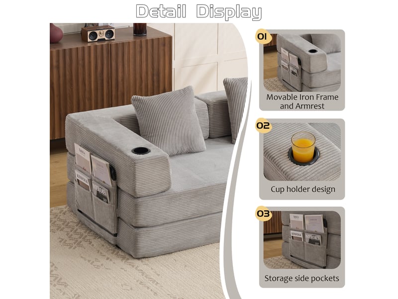  Canapé convertible de sol pliable avec accoudoirs et porte-gobelets  - rangement latéral velours côtelé gris clair  - Conforama E