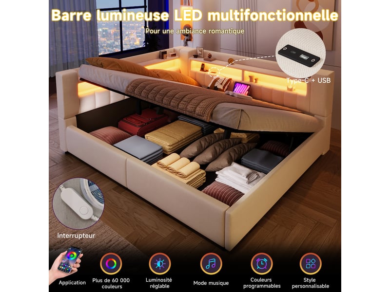 Lit coffre hydraulique 140x200 cm avec led et usb-c, tissu lin beige, structure mdf, sans matelas - Conforama D