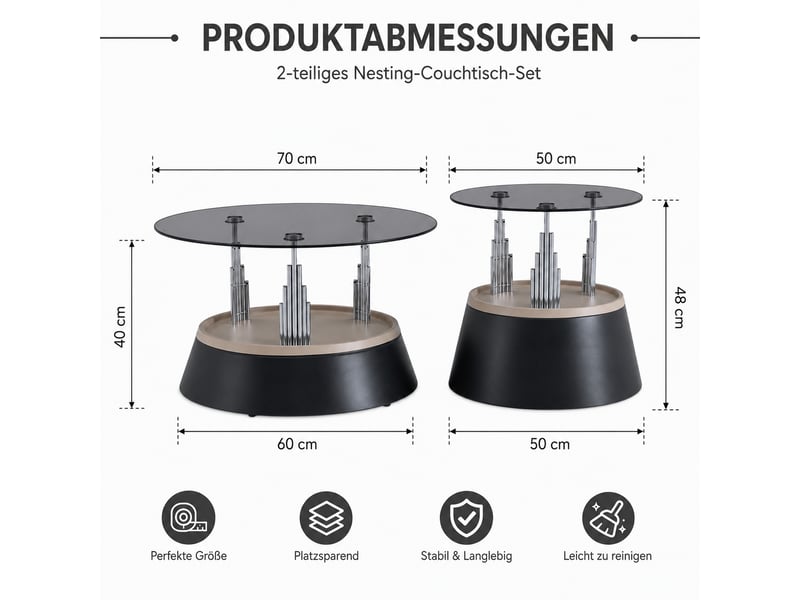 Tables basses gigognes avec 2 plateaux ronds en verre trempé, structure métal, style moderne, pour salon  - Conforama D