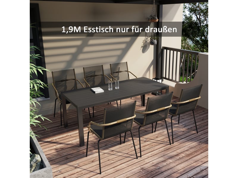 Table jardin plastique 190x84,5x72 cm, intempéries, aspect bois, antidérapante, buffetcampingbalconterrasse, noire. - Conforama D