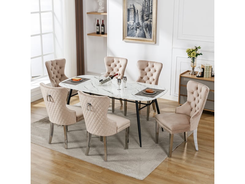  Lot 6 chaises velours beige – dossier matelassé, clous décoratifs, pieds métal – moderne  - Conforama B