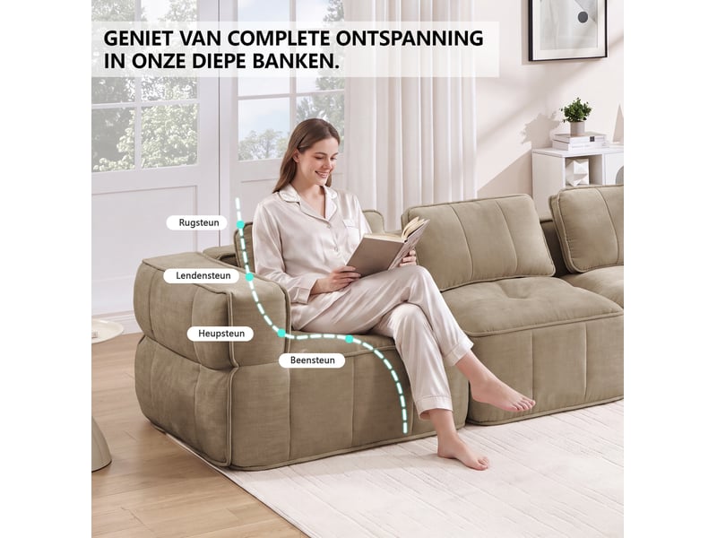 Canapé compressé d'angle modulable 4 places avec pouf, en polyester beige sable - Conforama D