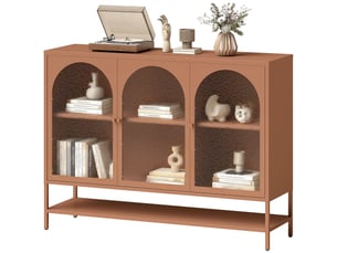 Buffet de salon, meuble de rangement avec 3 portes vitrées courbes et une étagère ouverte, 140 x 40 x 105 cm, couleur rouille