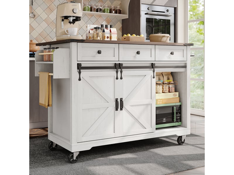Îlot de cuisine avec plateau extensible 140cm, chariot de cuisine sur roulettes, meuble de rangement beige avec portes coulissantes - Conforama C