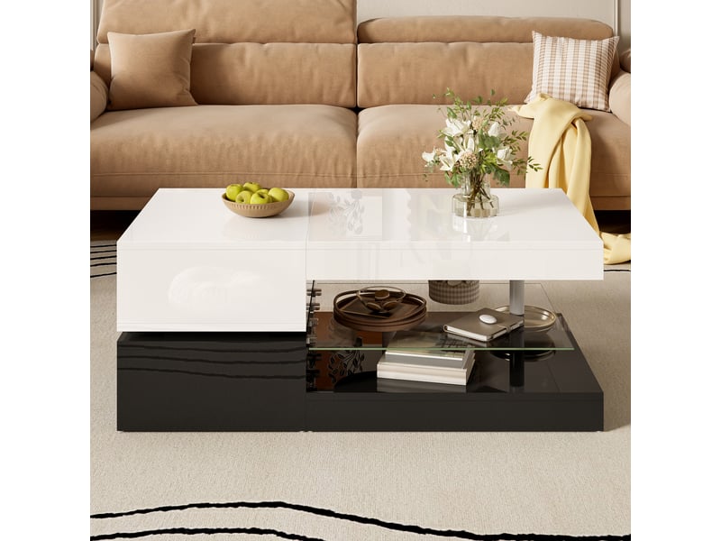  Table basse 90x45x35,5 cm avec led par application, niche et tablette en verre, panneaux de particules brillants, blanc et noir ABC - Conforama D